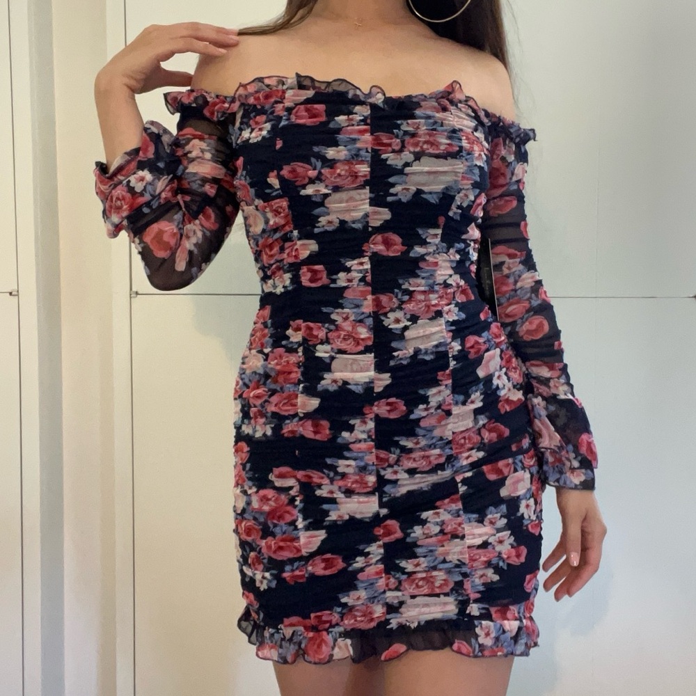 Lulu's Floral Ruched Off-Shoulder Long Sleeve Bodycon Dress